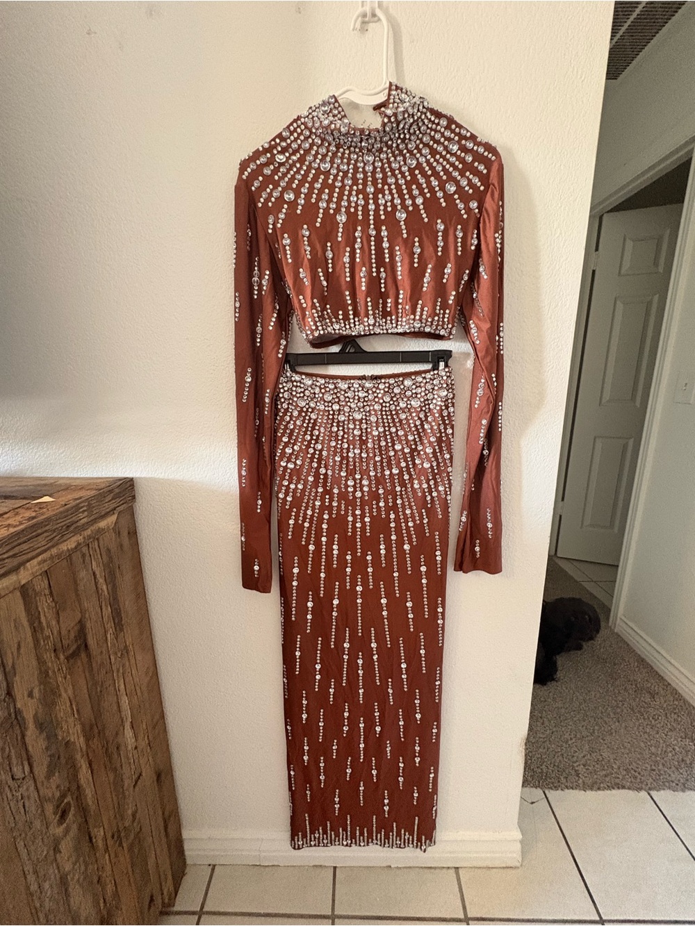 Embellished Rust Two-Piece Maxi Skirt Set